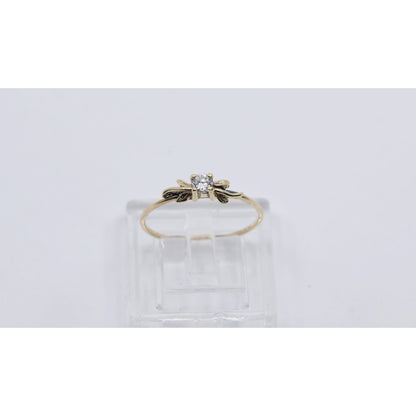 14K Yellow Gold Solitaire Leaf Vine Floral Design Ring