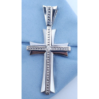 14K Solid White Gold Diamond Cross Pendant Charm