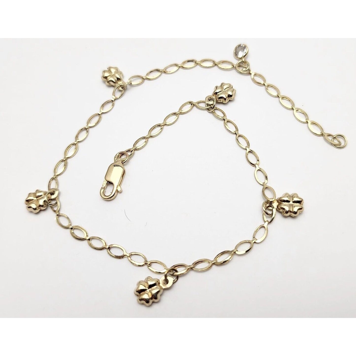 14K Solid Yellow Gold Four Leaf Clover Lucky Link Chain Anklet Bracelet