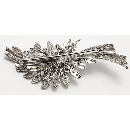 Vintage 10K White Gold Flowers Leaf Old Cut Diamond Brooch Pin