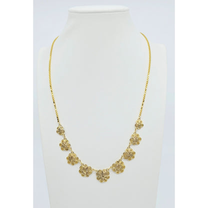 14K Yellow Gold Box Link Graduated Flower Chain Necklace
