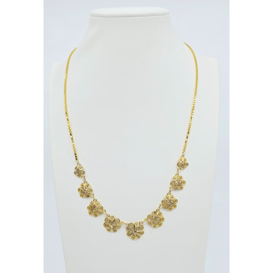 14K Yellow Gold Box Link Graduated Flower Chain Necklace