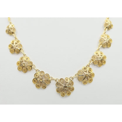 14K Yellow Gold Box Link Graduated Flower Chain Necklace