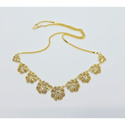 14K Yellow Gold Box Link Graduated Flower Chain Necklace