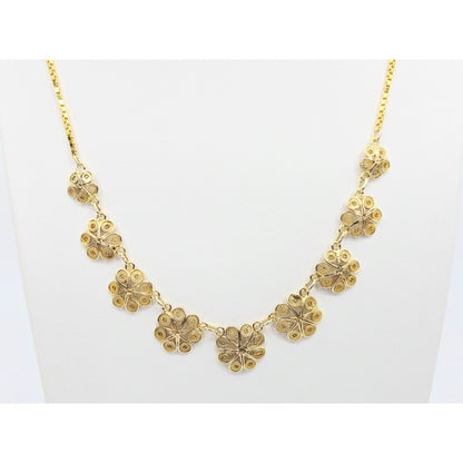 14K Yellow Gold Box Link Graduated Flower Chain Necklace
