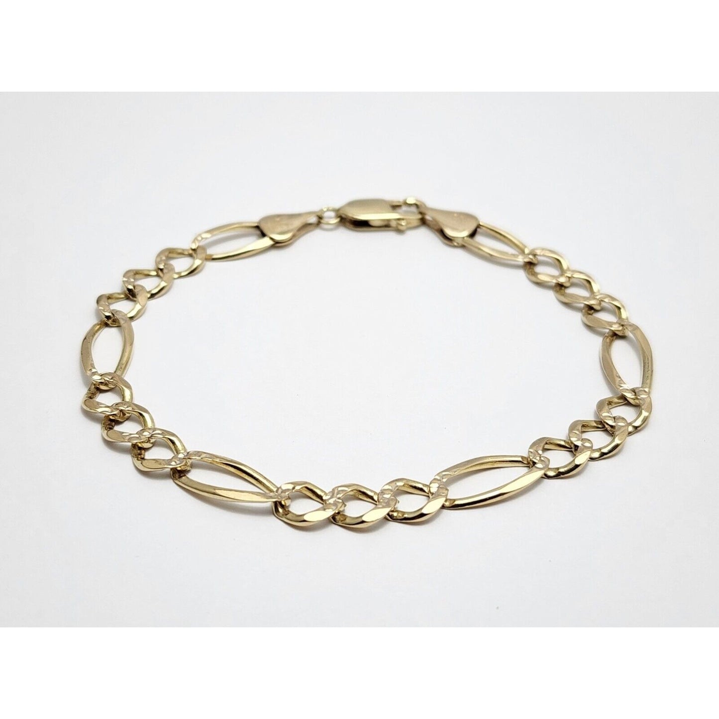 14K Solid Yellow Gold Diamond Cut Figaro Link Bracelet