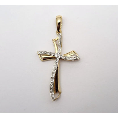 14K Solid Two Tone Gold Diamond Cross Charm Pendant