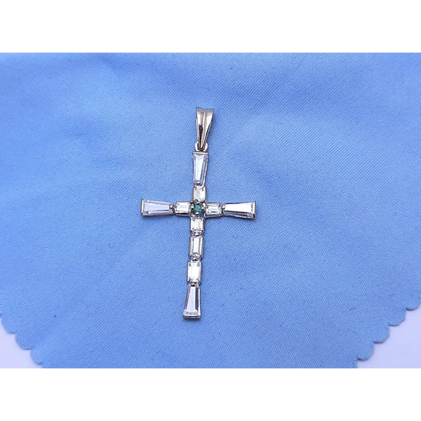 14K White Gold Religious Emerald & CZ Cross Pendant