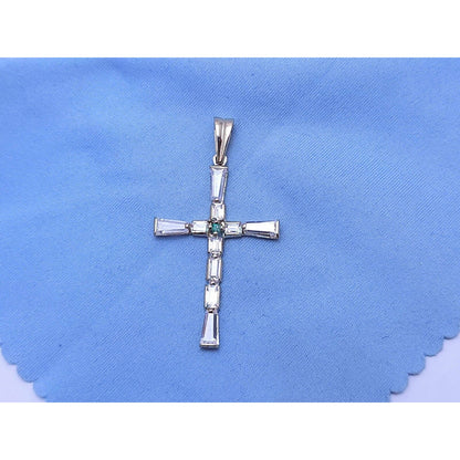 14K White Gold Religious Emerald & CZ Cross Pendant