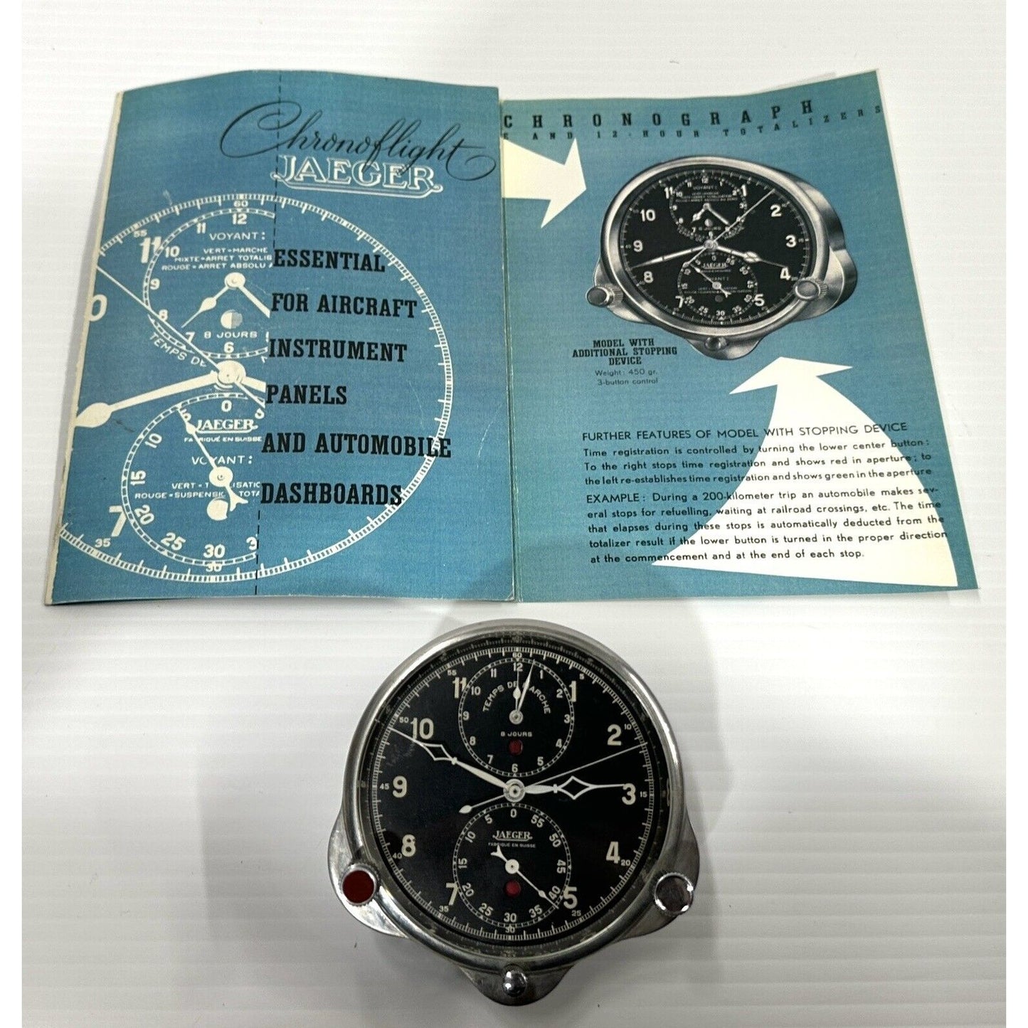 Rare Vintage 1925-1950s Jaeger Temps De Marche 8-Day Chronograph Cockpit Clock