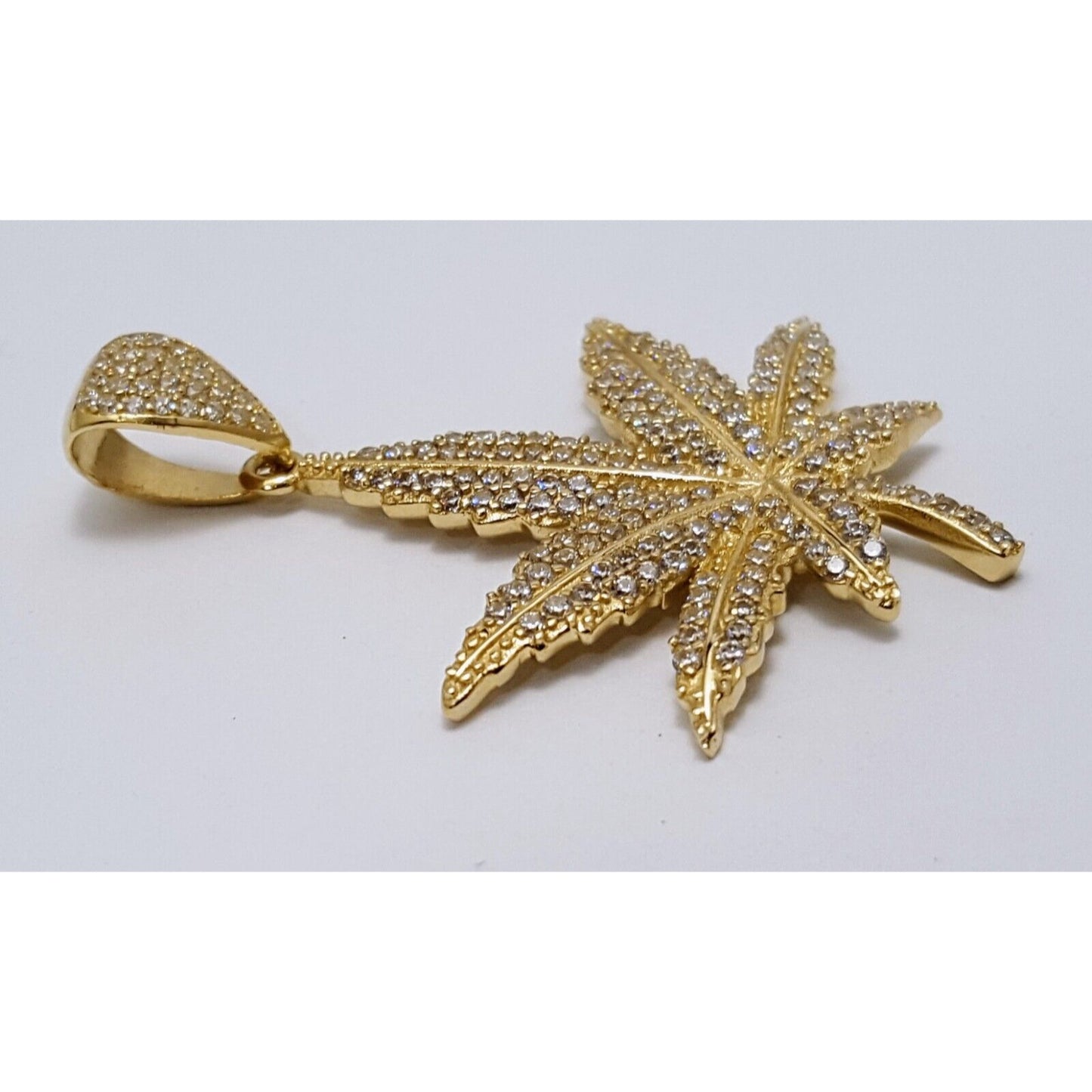 10K Solid Yellow Gold Cubic Zirconia Marijuana Leaf Weed Charm Pendant