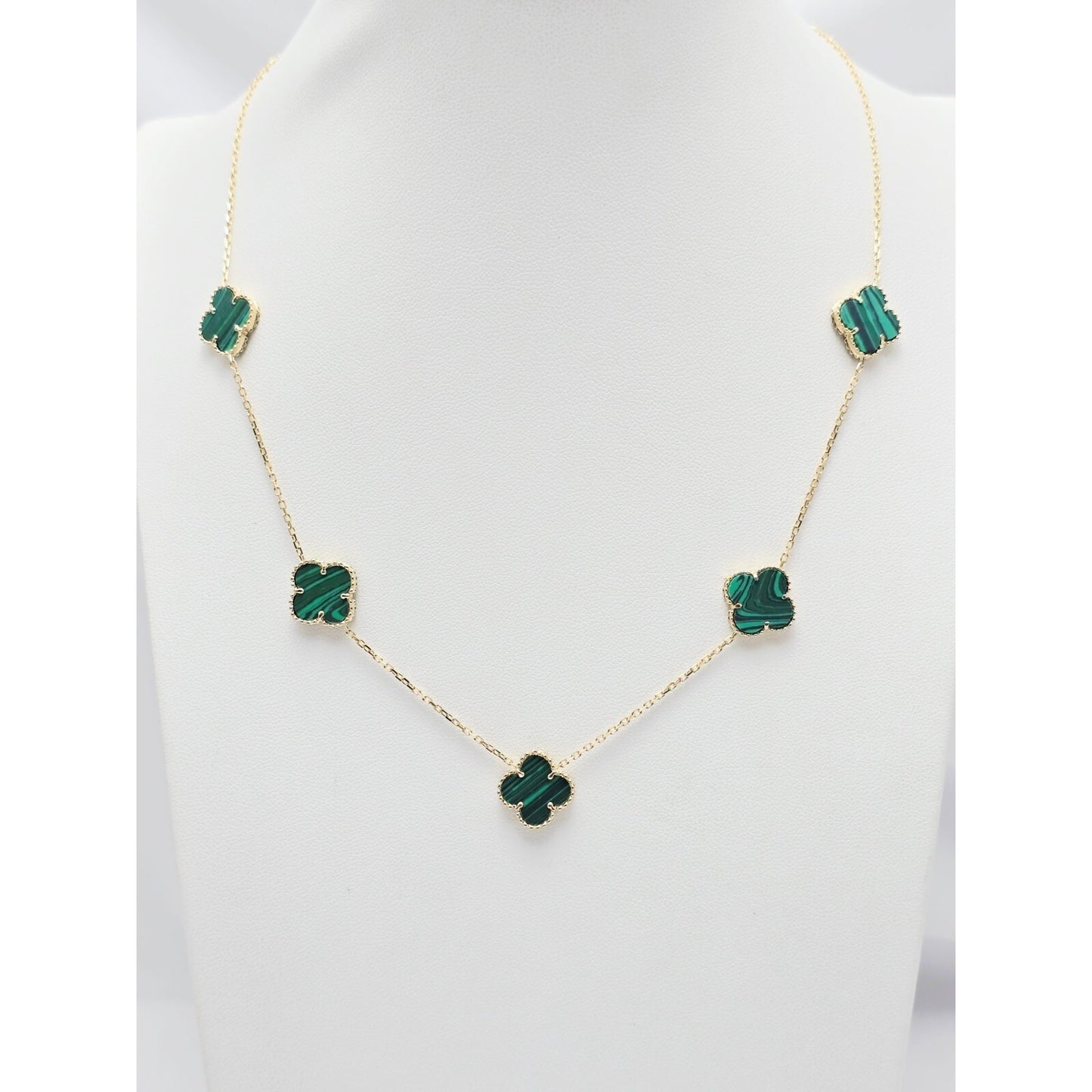 14K Yellow Gold Malachite Four Leaf Clover Resizable Cable Link Chain Necklace