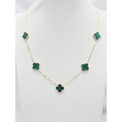 14K Yellow Gold Malachite Four Leaf Clover Resizable Cable Link Chain Necklace
