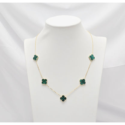 14K Yellow Gold Malachite Four Leaf Clover Resizable Cable Link Chain Necklace