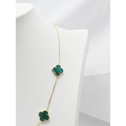 14K Yellow Gold Malachite Four Leaf Clover Resizable Cable Link Chain Necklace