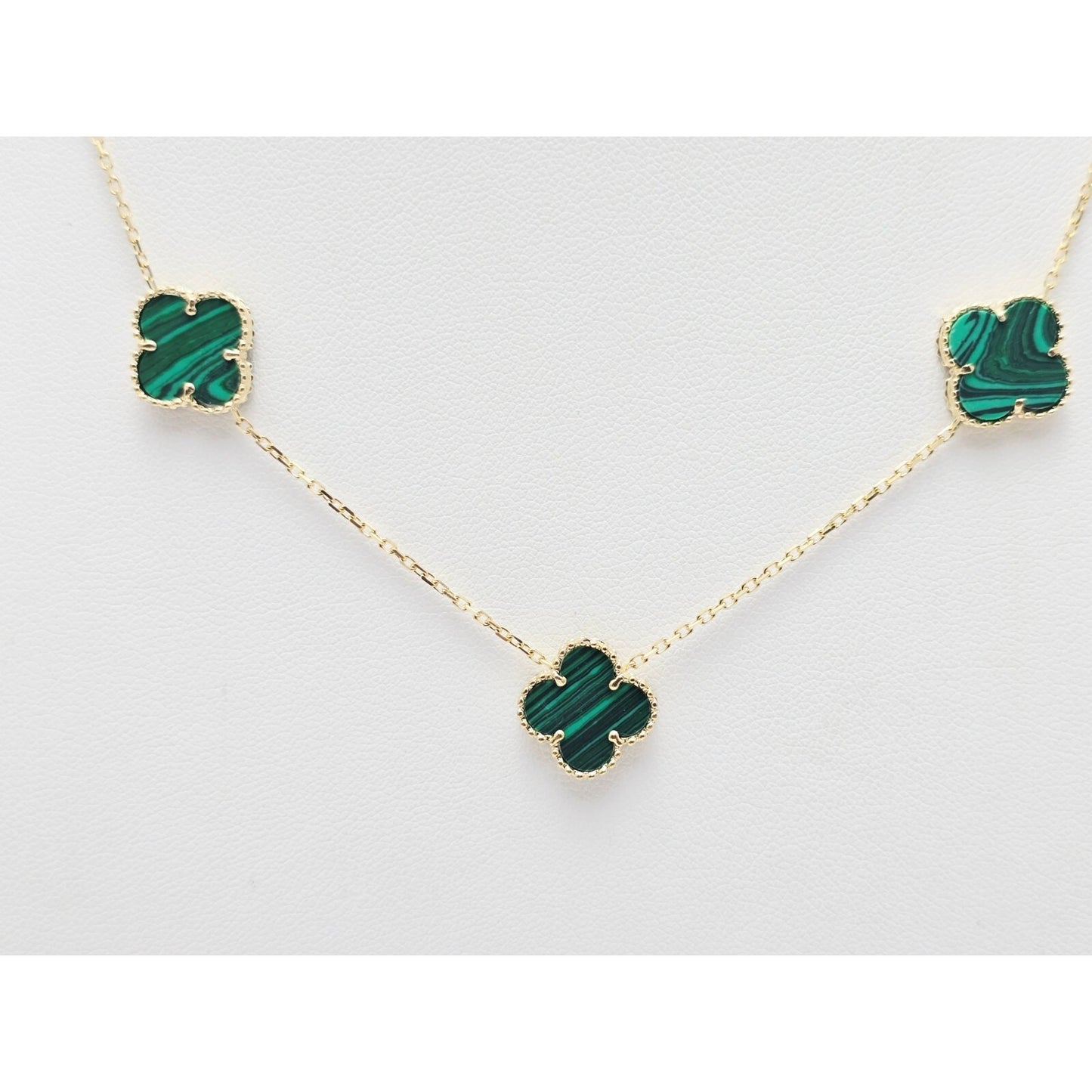 14K Yellow Gold Malachite Four Leaf Clover Resizable Cable Link Chain Necklace