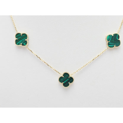 14K Yellow Gold Malachite Four Leaf Clover Resizable Cable Link Chain Necklace