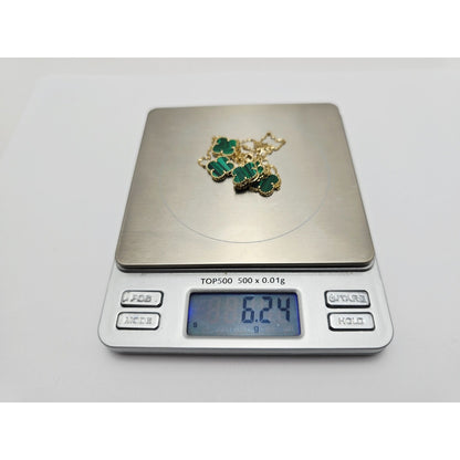 14K Yellow Gold Malachite Four Leaf Clover Resizable Cable Link Chain Necklace