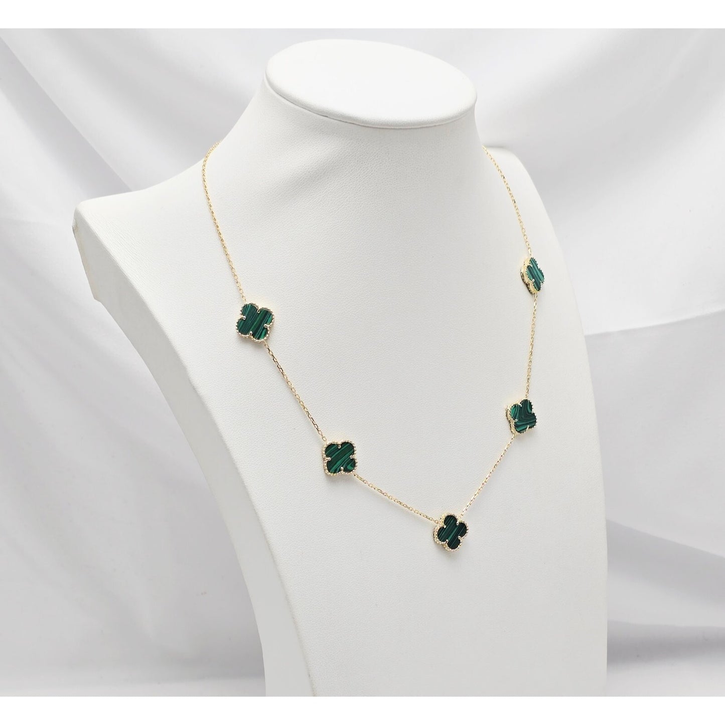 14K Yellow Gold Malachite Four Leaf Clover Resizable Cable Link Chain Necklace