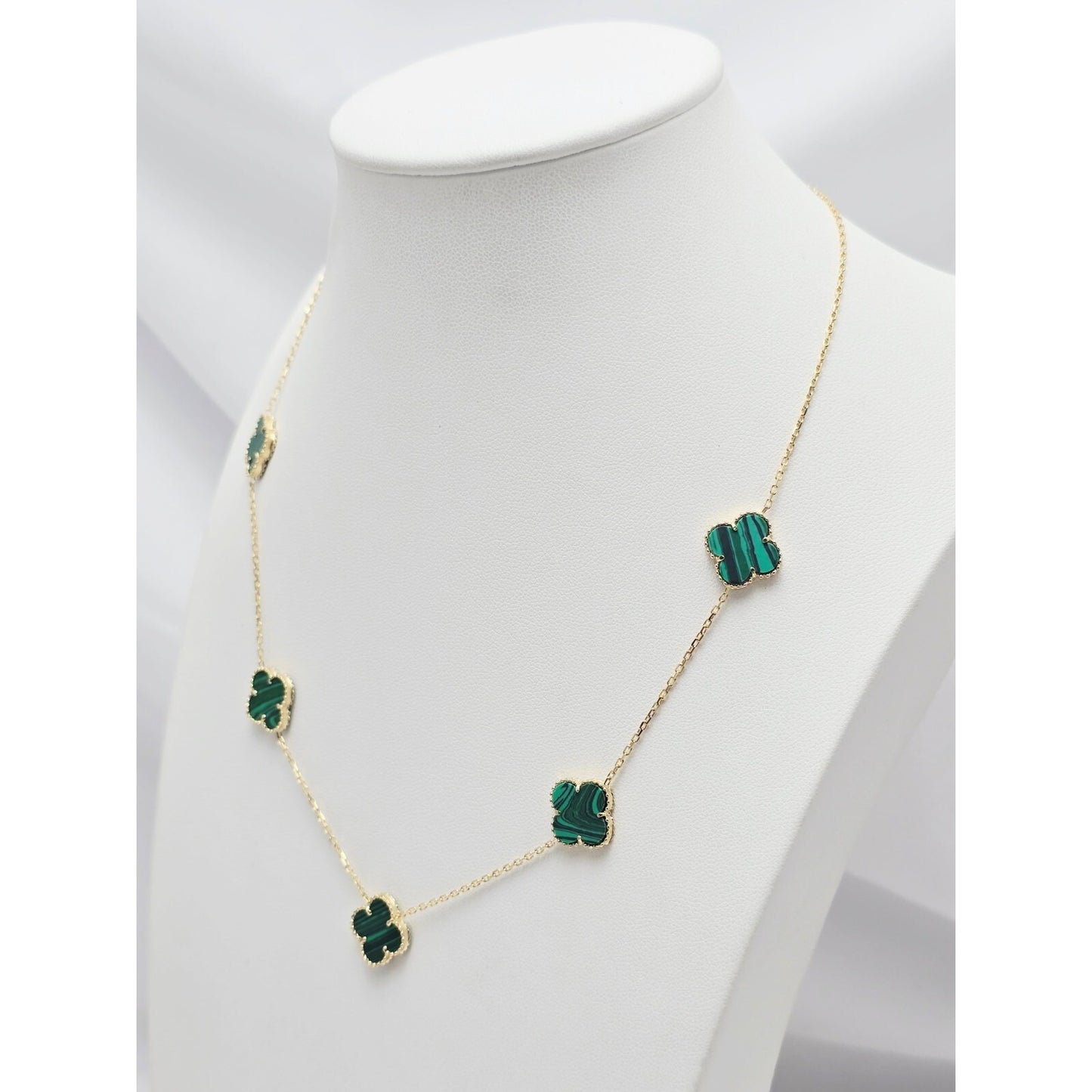 14K Yellow Gold Malachite Four Leaf Clover Resizable Cable Link Chain Necklace