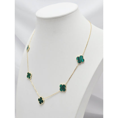 14K Yellow Gold Malachite Four Leaf Clover Resizable Cable Link Chain Necklace