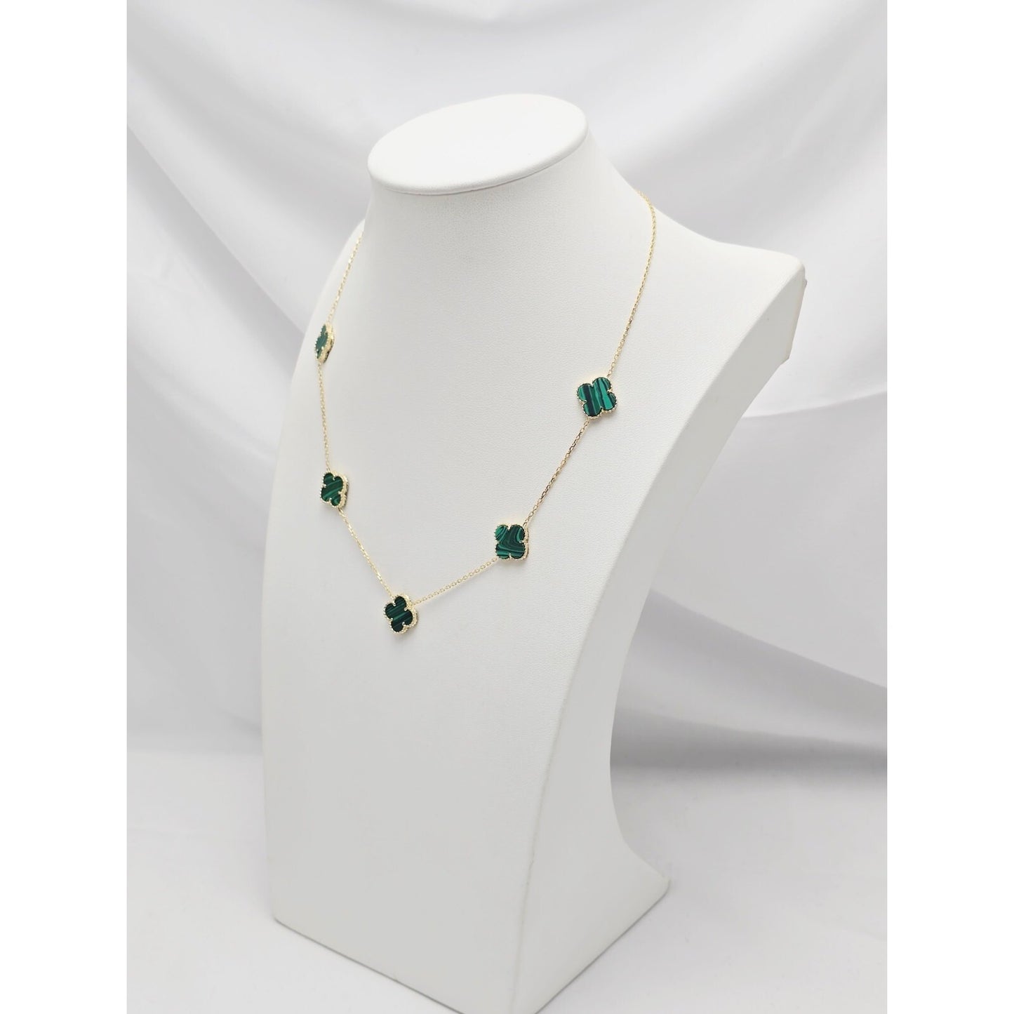 14K Yellow Gold Malachite Four Leaf Clover Resizable Cable Link Chain Necklace