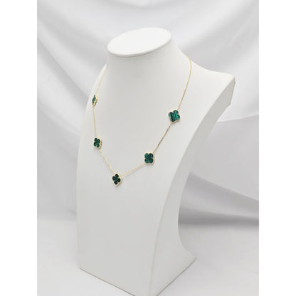 14K Yellow Gold Malachite Four Leaf Clover Resizable Cable Link Chain Necklace