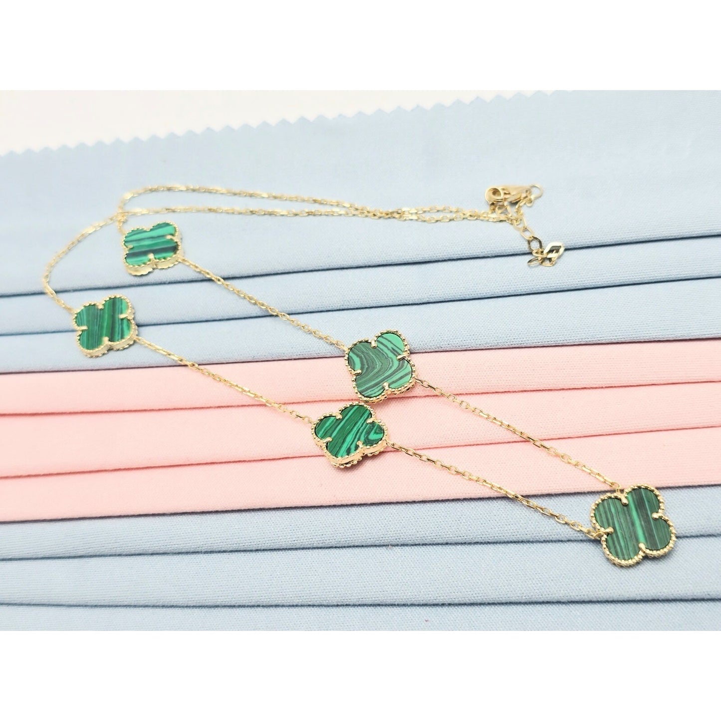 14K Yellow Gold Malachite Four Leaf Clover Resizable Cable Link Chain Necklace