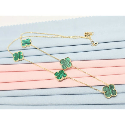 14K Yellow Gold Malachite Four Leaf Clover Resizable Cable Link Chain Necklace