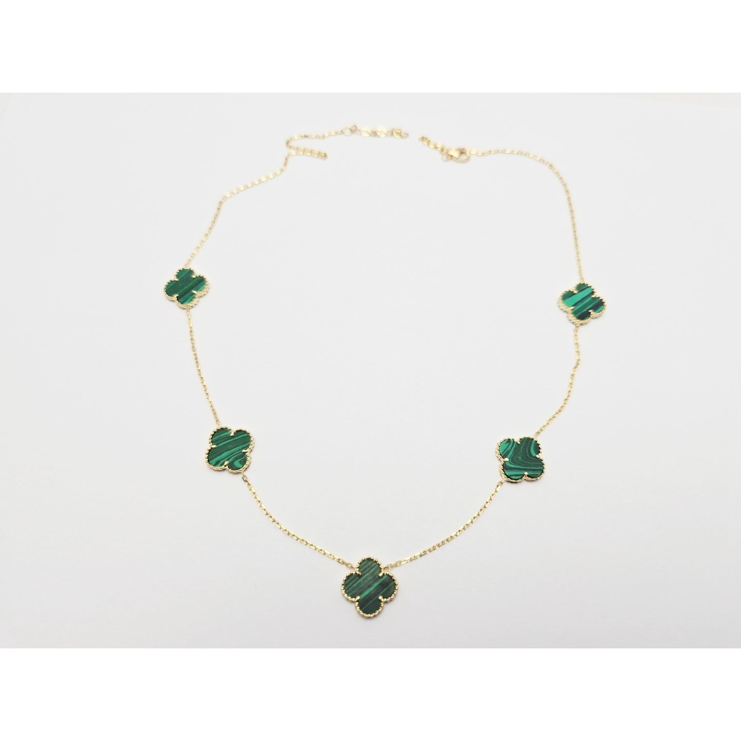 14K Yellow Gold Malachite Four Leaf Clover Resizable Cable Link Chain Necklace