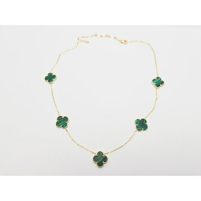 14K Yellow Gold Malachite Four Leaf Clover Resizable Cable Link Chain Necklace