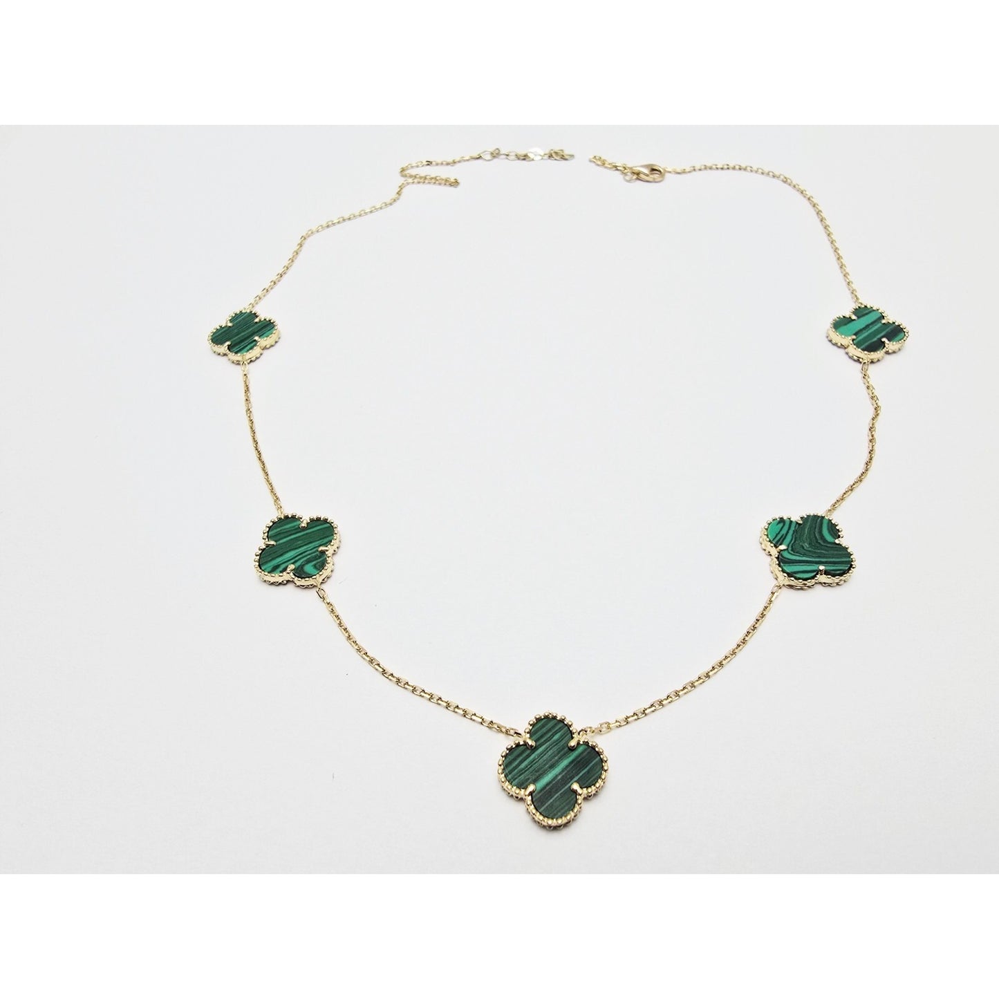 14K Yellow Gold Malachite Four Leaf Clover Resizable Cable Link Chain Necklace