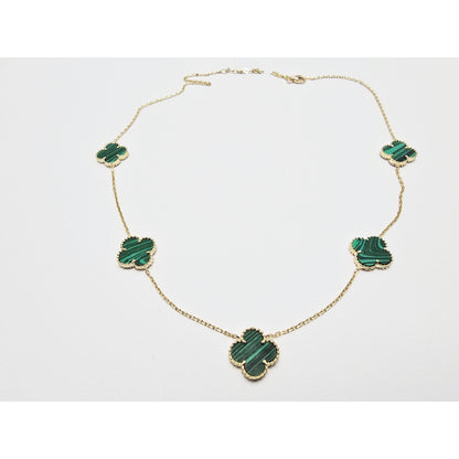 14K Yellow Gold Malachite Four Leaf Clover Resizable Cable Link Chain Necklace