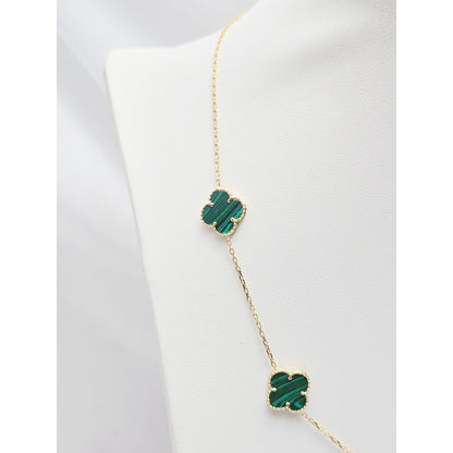 14K Yellow Gold Malachite Four Leaf Clover Resizable Cable Link Chain Necklace