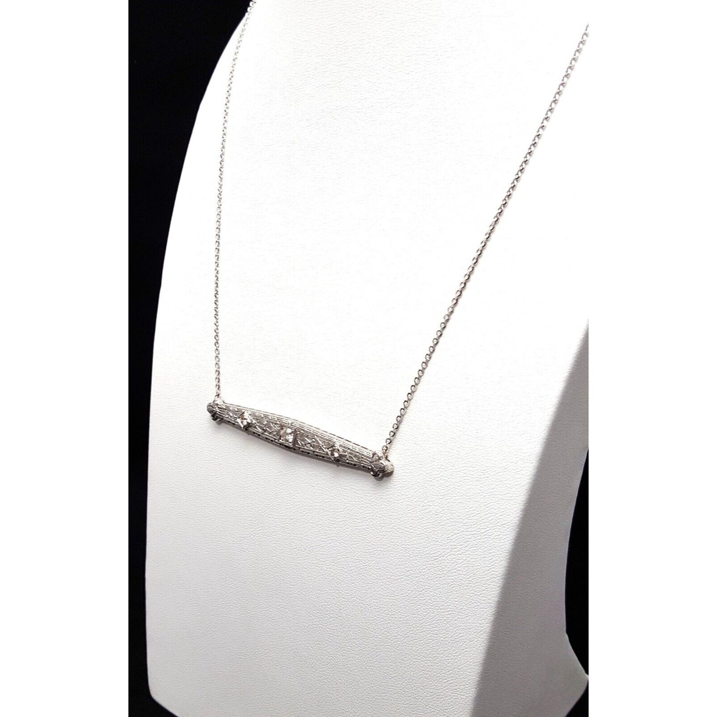 14K White Gold Cable Link Chain Necklace & Diamond Bar Charm Pendant