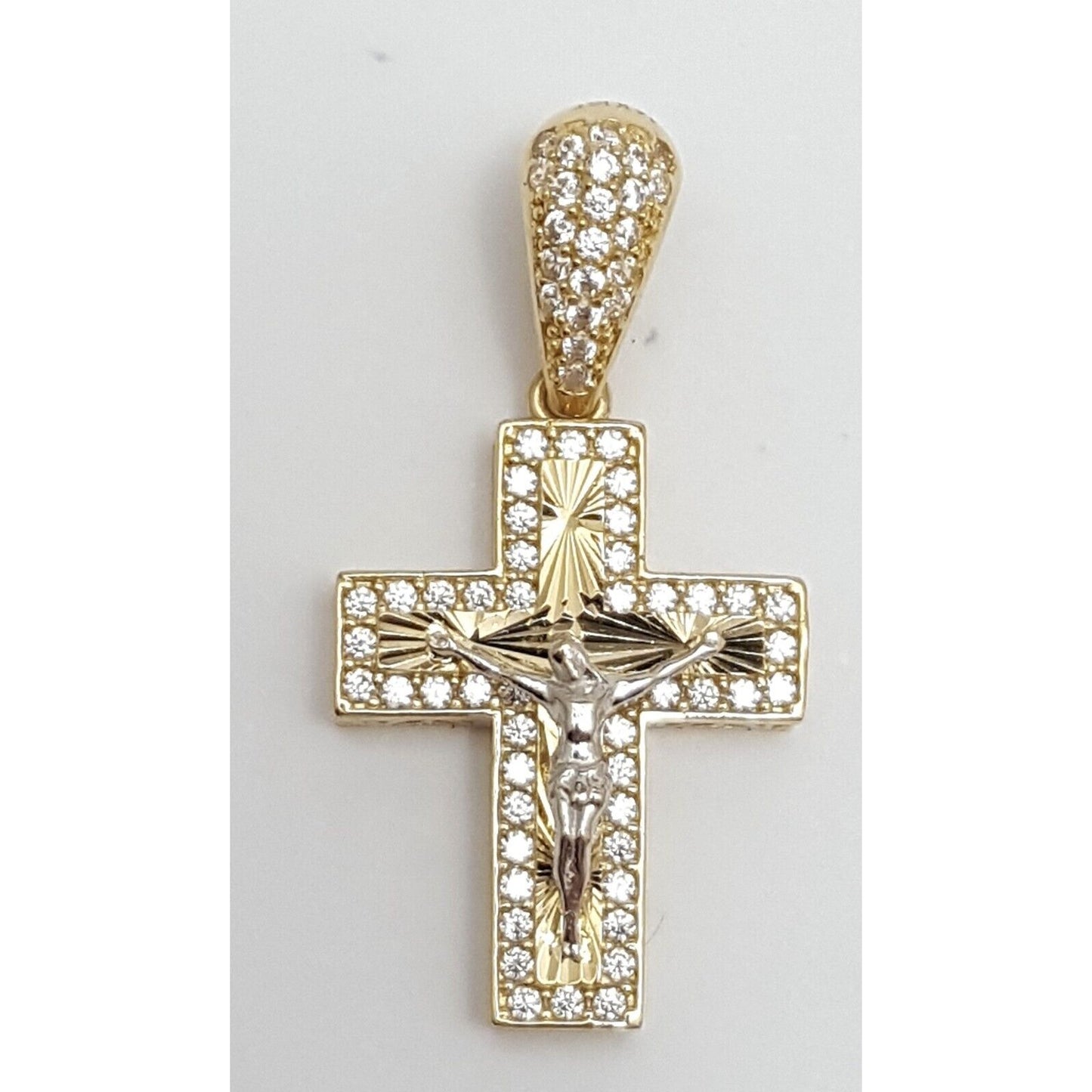 14K Two Tone Gold Religious Jesus Cubic Zirconia Cross Charm Pendant