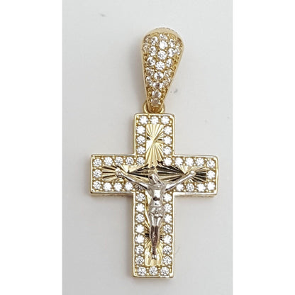 14K Two Tone Gold Religious Jesus Cubic Zirconia Cross Charm Pendant