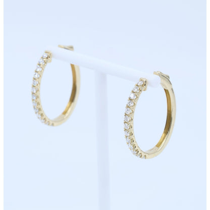 14K Yellow Gold Diamond Oval Hoop Hinged Earrings