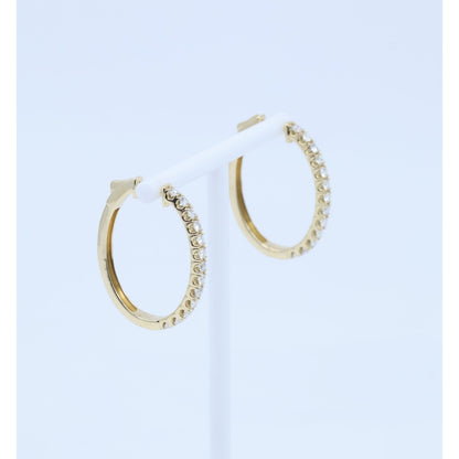 14K Yellow Gold Diamond Oval Hoop Hinged Earrings