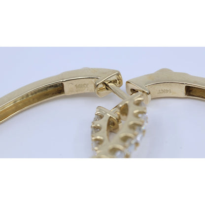 14K Yellow Gold Diamond Oval Hoop Hinged Earrings