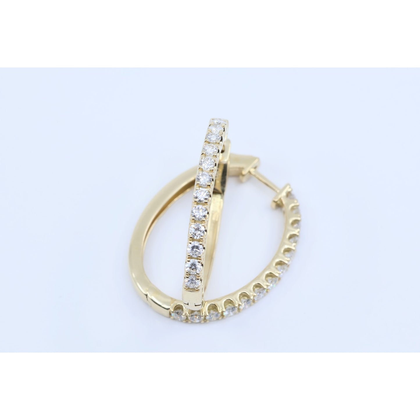 14K Yellow Gold Diamond Oval Hoop Hinged Earrings
