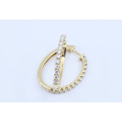 14K Yellow Gold Diamond Oval Hoop Hinged Earrings