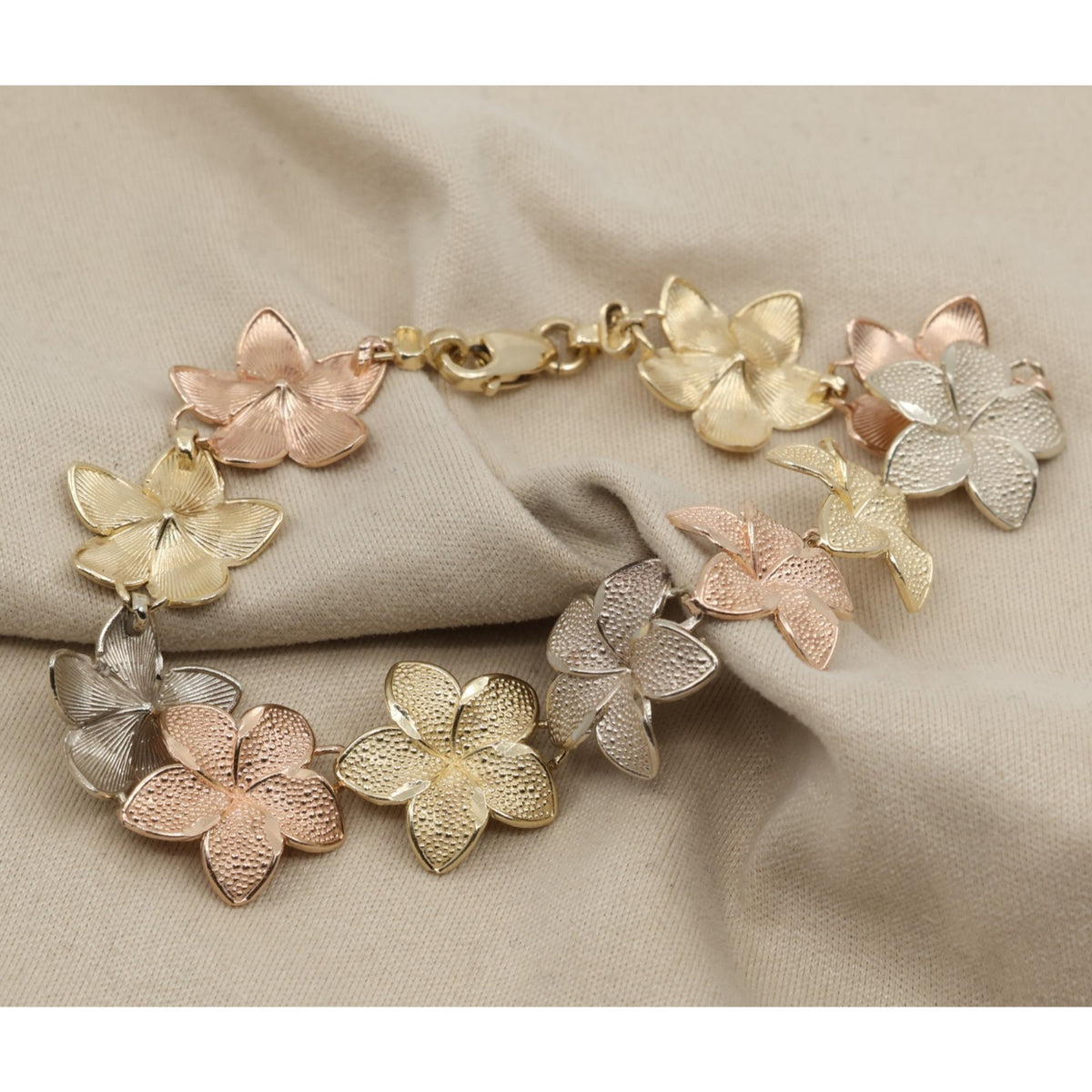 14K Tri Tone Gold Plumeria Hibiscus Flower Link Bracelet