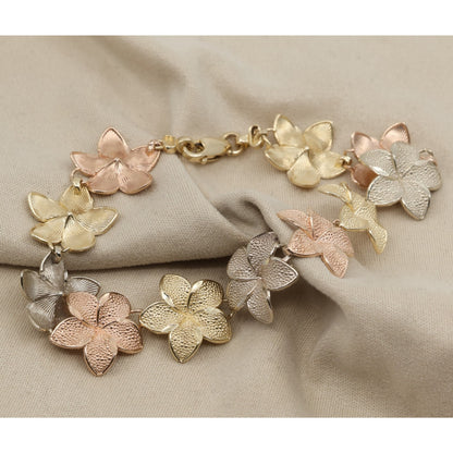 14K Tri Tone Gold Plumeria Hibiscus Flower Link Bracelet