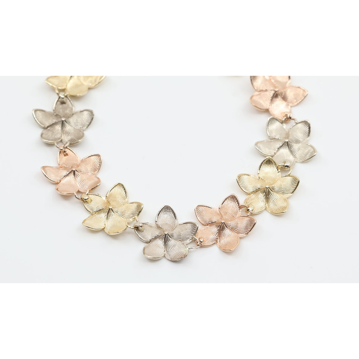 14K Tri Tone Gold Plumeria Hibiscus Flower Link Bracelet