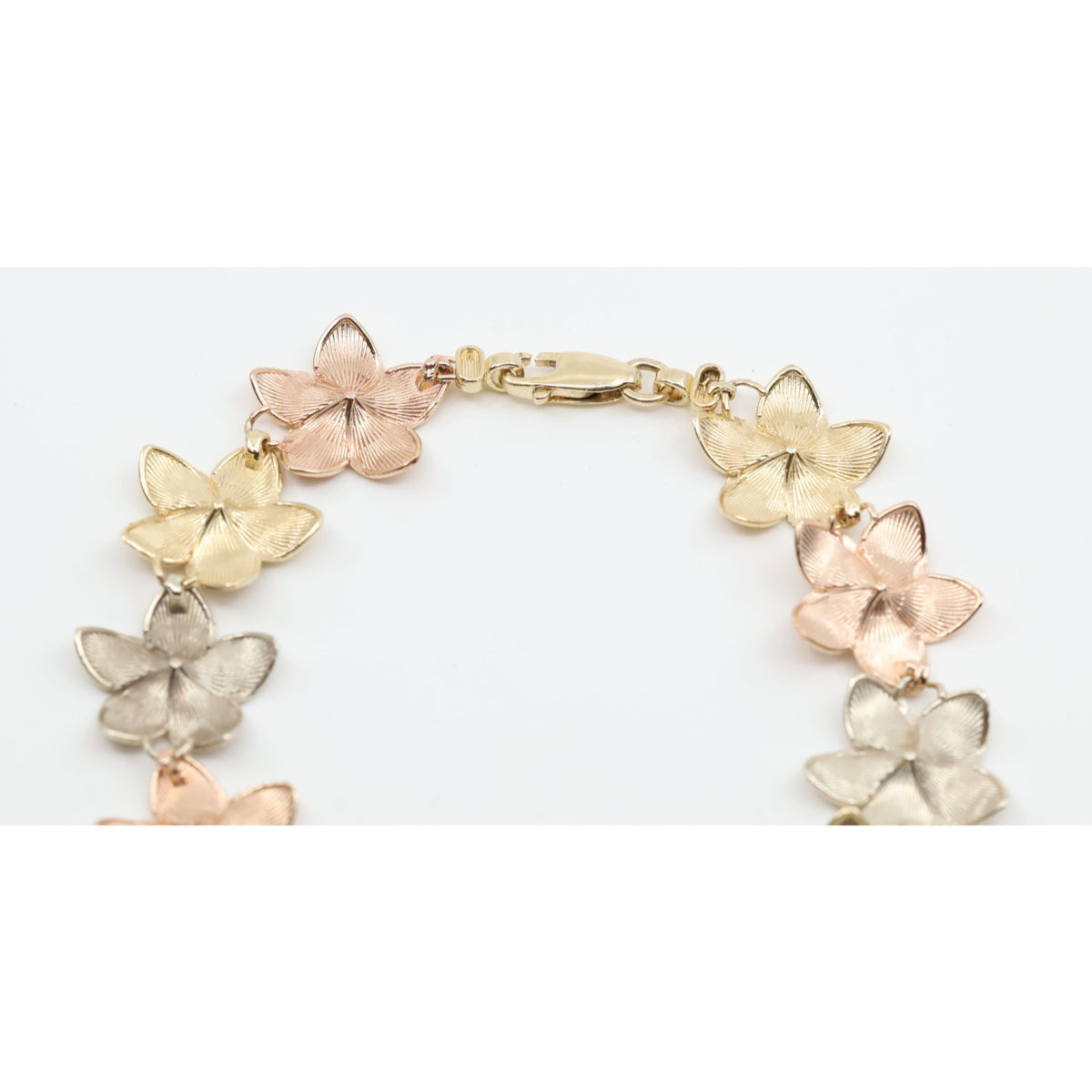 14K Tri Tone Gold Plumeria Hibiscus Flower Link Bracelet