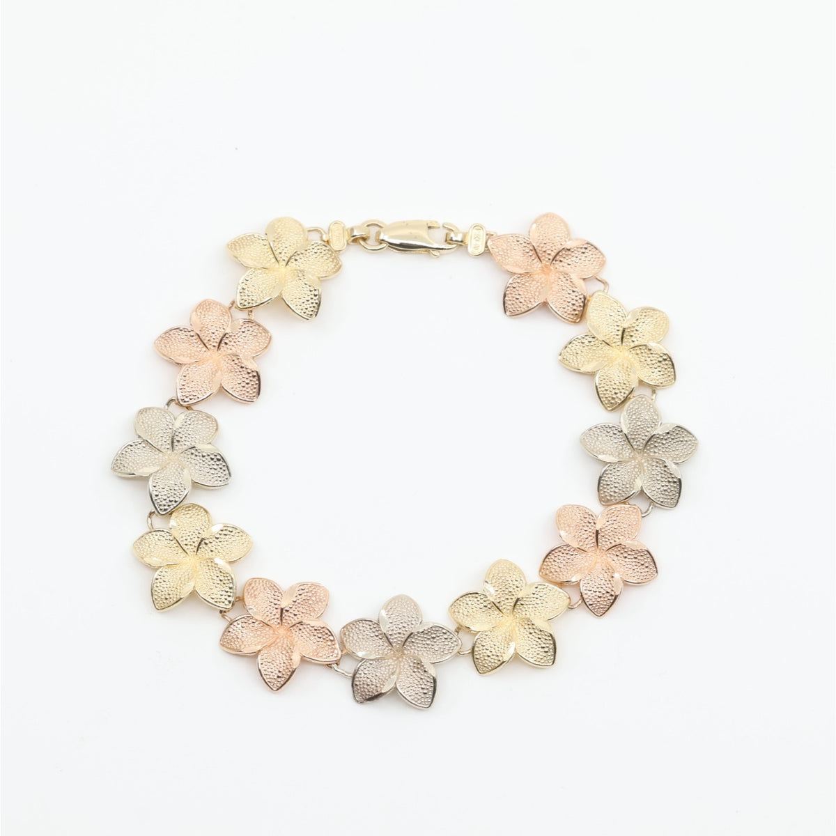 14K Tri Tone Gold Plumeria Hibiscus Flower Link Bracelet