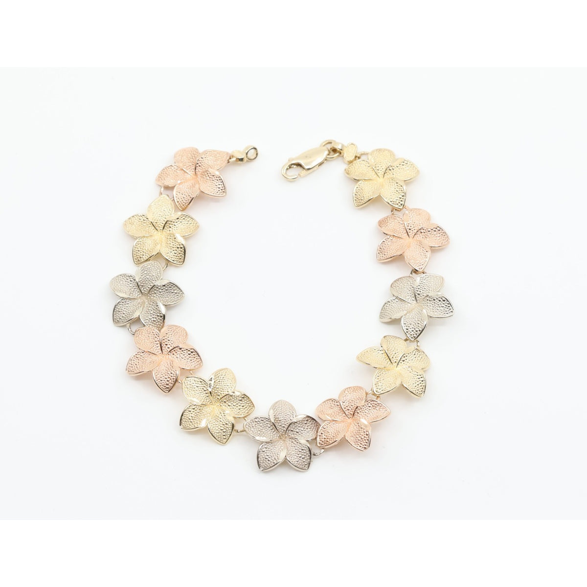14K Tri Tone Gold Plumeria Hibiscus Flower Link Bracelet