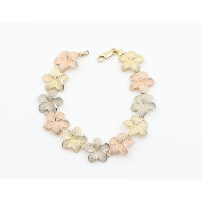 14K Tri Tone Gold Plumeria Hibiscus Flower Link Bracelet