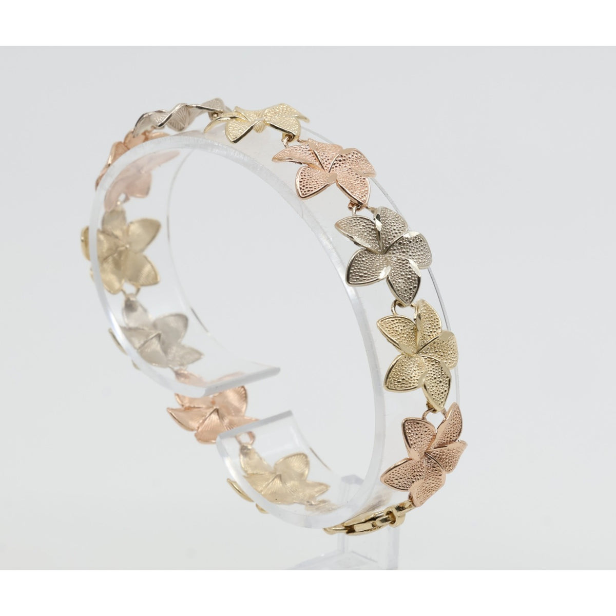 14K Tri Tone Gold Plumeria Hibiscus Flower Link Bracelet